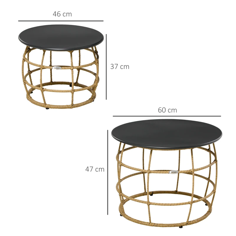 Outsunny Ensemble de 2 tables de jardin style bohème, résistant aux intempéries, empilables, 60 cm x 60 cm x 47 cm, Naturel + gris foncé