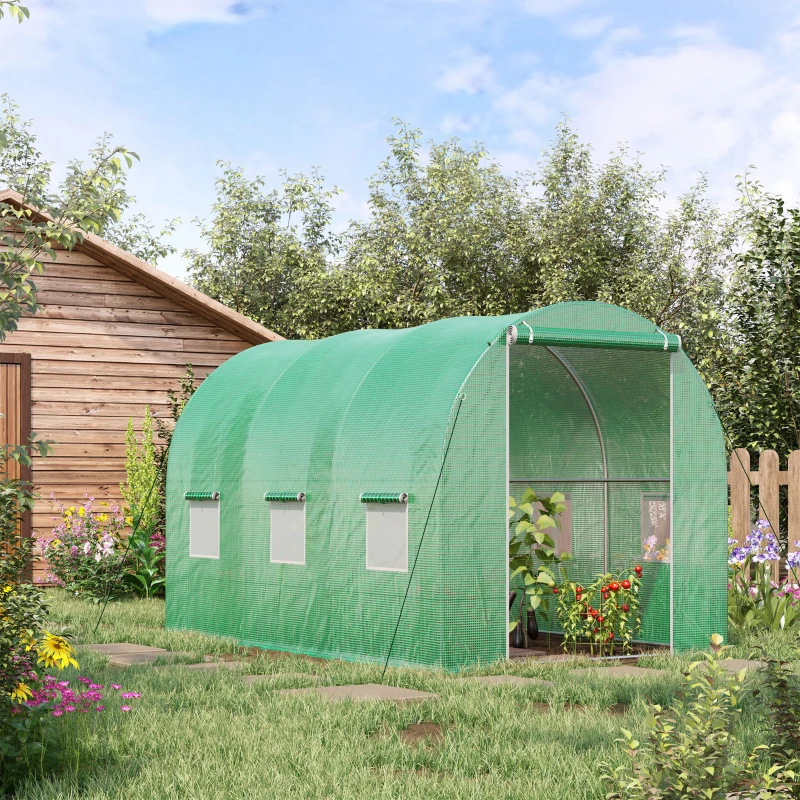 Outsunny Gewächshaus Tunnel Gartenfläche 6 m² 3L x 2B x 2H m Verstärkter Rohrrahmen Reißverschlusstür 6 aufrollbare Fenster Grün