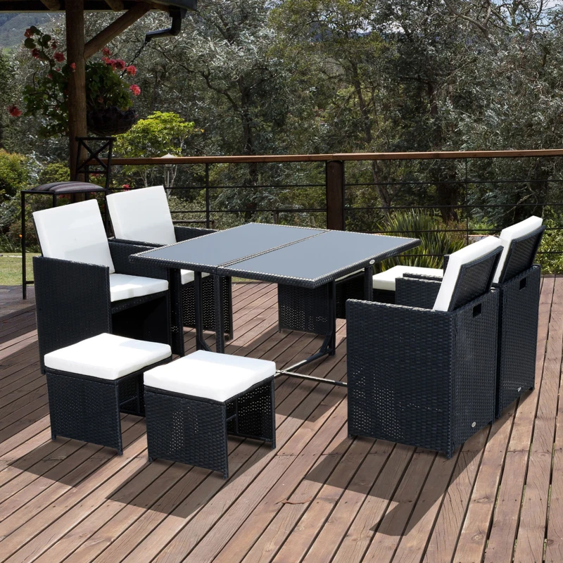 Outsunny Gartenmöbelset encastrable 8 Personen 9 Teile Kunststoffgeflecht 4 Drähte Imitation Rattan Schwarz Abnehmbare Kissen Creme