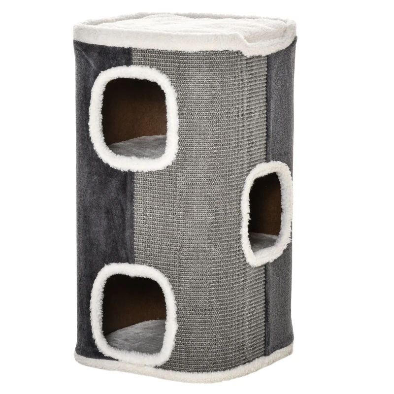 PawHut Kratztonne pour les chats Arbre à chat à 3 niveaux pour les chats Meubles pour chats en panneaux de particules, polyester velouté, sisal Gris+Blanc 40 x 40 x 74 cm