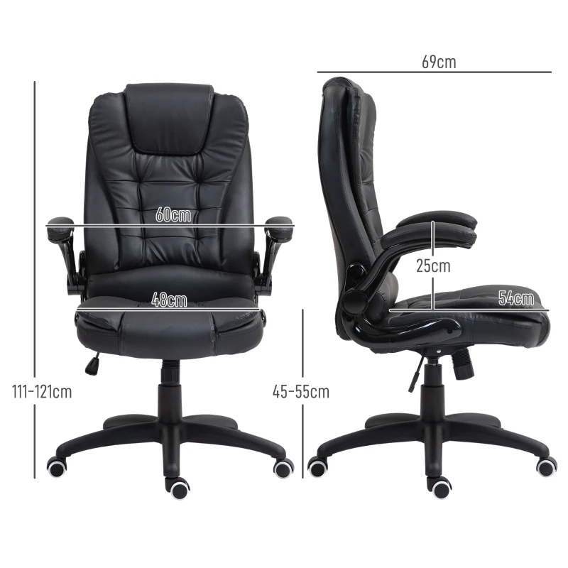 HOMCOM Fauteuil de bureau ergonomique, accoudoirs pliables, fonction d'inclinaison, noir