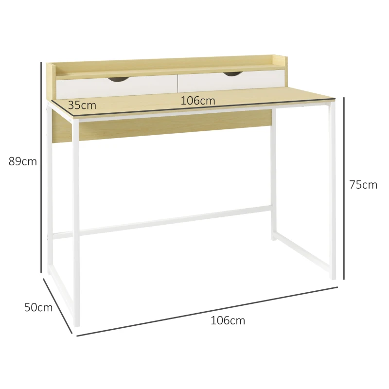 HOMCOM Schreibtisch mit Regal und 2 Schubladen im modernen Stil in Naturholzoptik und weißem Metall - 106L x 50B x 89H cm
