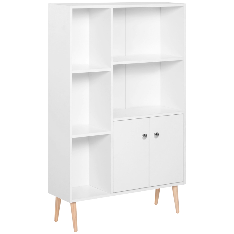 HOMCOM Skandinavisches Bücherregal mit Abmessungen 80L x 23,5B x 123H cm, 5 Nischen, Schrank, 2 Türen, schräge massive Holzfüße, Spanplatten in Weiß