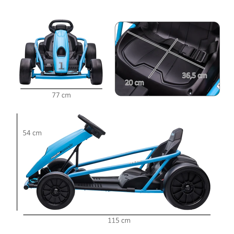 HOMCOM Kart Électrique pour Enfants, Fonction de Dérive, Klaxon, Musique, Ceinture de Sécurité, Démarrage en Douceur, Bleu/Noir(m-3)