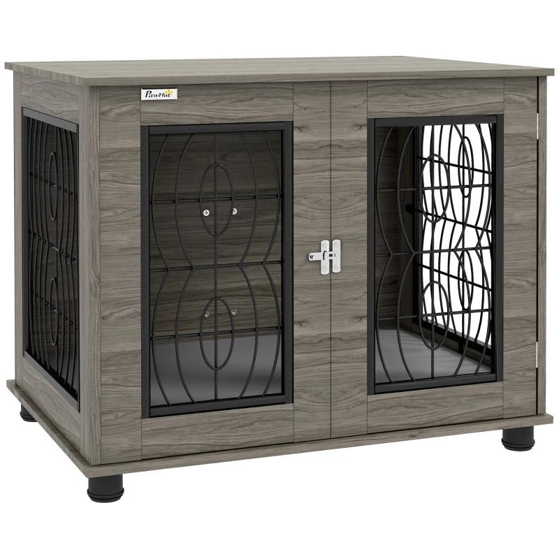 PawHut Cage pour Chiens avec Coussin, jusqu'à 20 kg/50 cm de longueur corporelle, en Métal, 80x56x63 cm, Gris/Décor bois