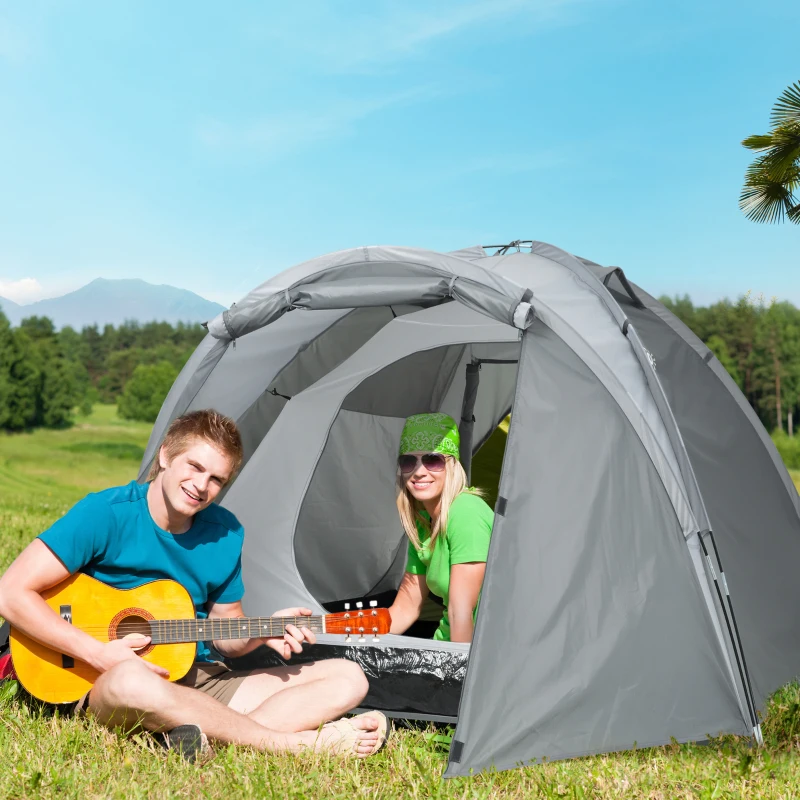 Outsunny Tente de Camping pour 2-3 Personnes en fibre de verre Porte à Fermeture éclair Fenêtre en filet avec Sac de Transport Tente Dôme 190T Similicuir 2000mm Fibre de verre Gris