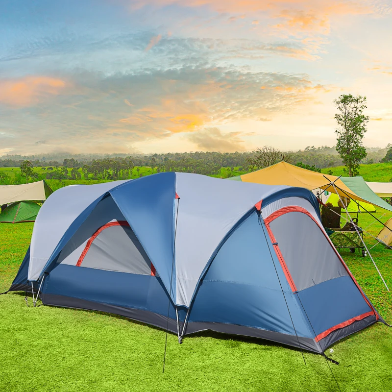 Outsunny Tente de camping pour 3-4 personnes, deux portes, fenêtres en filet, bleu, 4,75 x 2,07 x 1,50 m