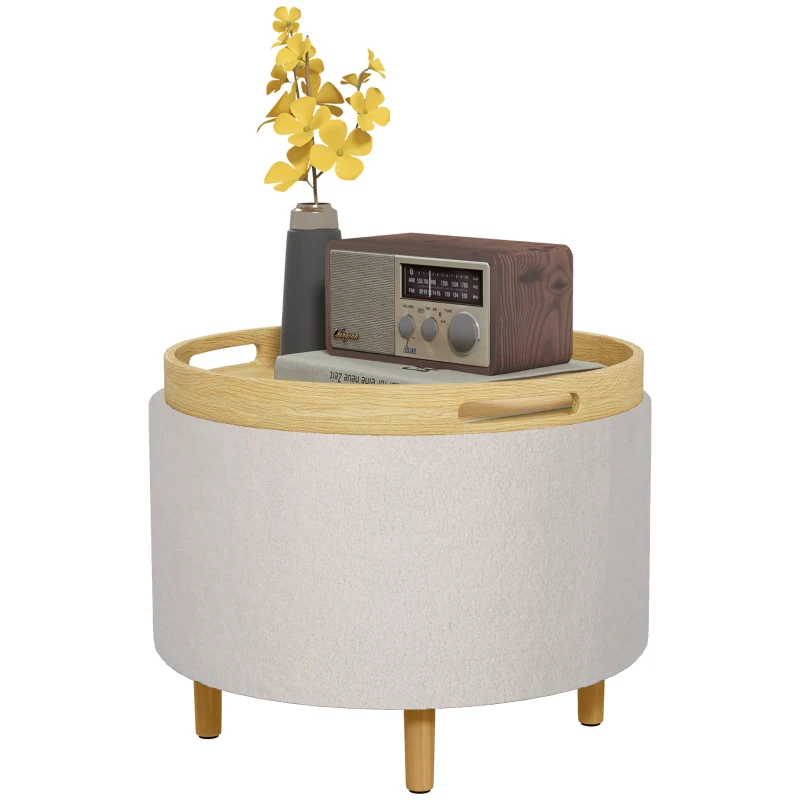 HOMCOM Repose-Pieds Pouf, Peluche Teddy, Espace de Rangement Caché, Couvercle Réversible, 56 cm x 56 cm x 42 cm, Blanc