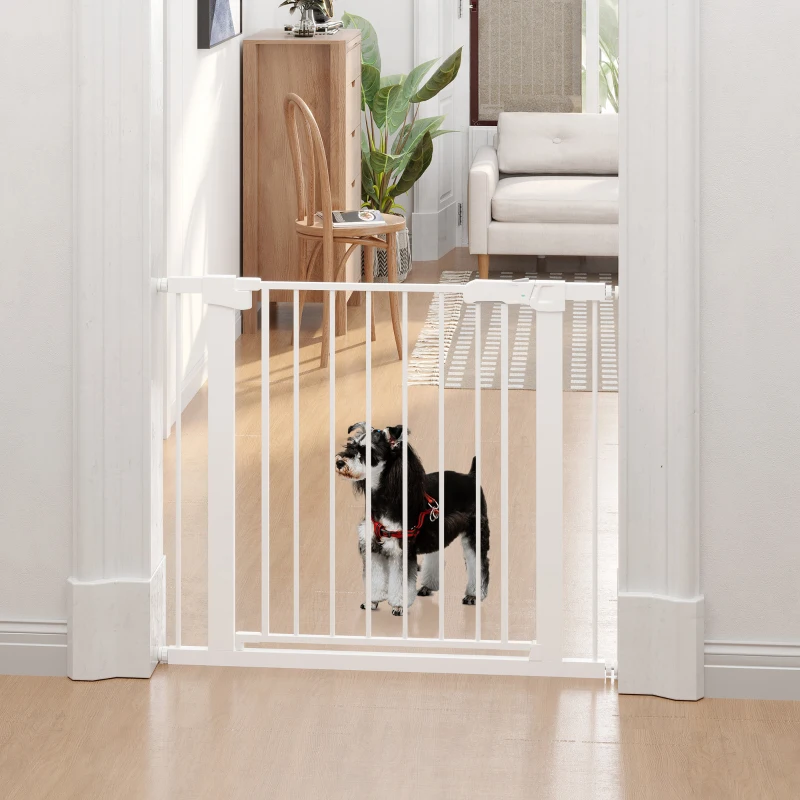 PawHut Barrière de Porte, Installation sans Perçage, Largeur Ajustable de 75-96 cm, Ouverture d'une Seule Main, Métal, Blanc, 76 cm de Hauteur