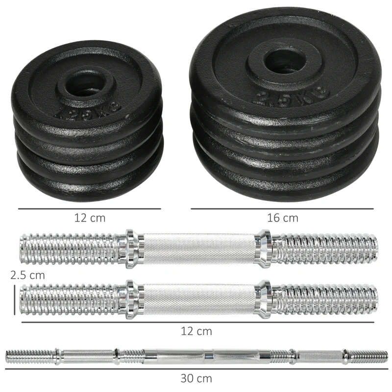 HOMCOM Ensemble d'haltères court et barre longue 2 en 1 de 20 kg avec 8 disques haltères, antirouille, en fer, noir, 95 x 16 x 16 cm