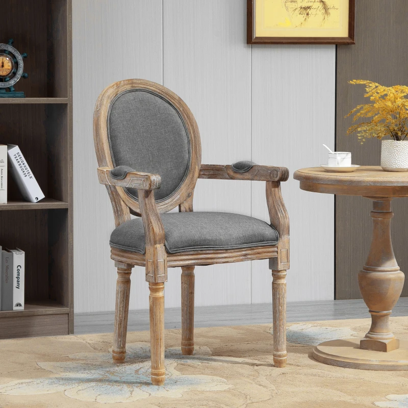 HOMCOM Stuhl für Esszimmer Wohnzimmer Medaillon im Louis XVI-Stil Massives Kautschukholz patiniert geschnitzt Leinenstoff Grau