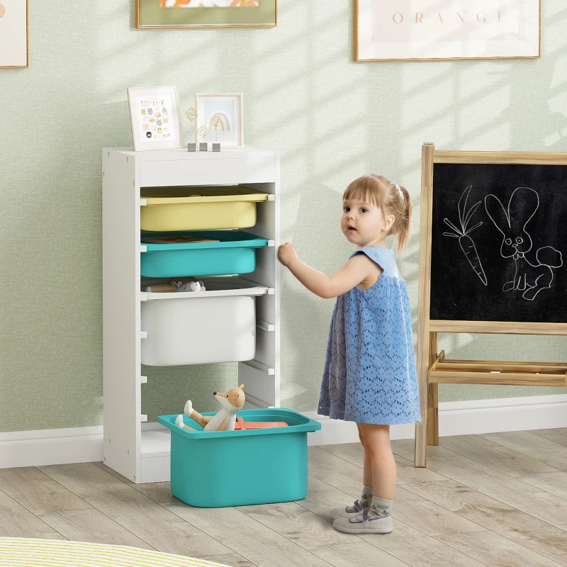 AIYAPLAY Kindermöbel-Aufbewahrungsschrank, Spielzeugaufbewahrung für Kinder, mit 4 Aufbewahrungsboxen, 40,8L x 30B x 90,3H cm, weiß