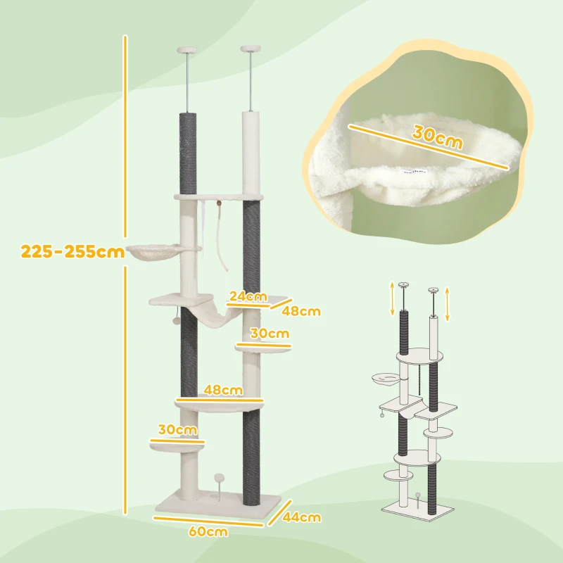 PawHut Arbre à Chat, haut jusqu'au plafond, ajustable 225-255 cm, Plateformes & Hamacs, Dispositif anti-basculement, Blanc