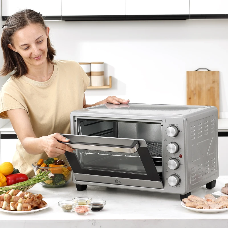 HOMCOM Mini Four 32L Mini Four avec Grille, Plaque de Cuisson, 3 Modes de Cuisson 100 °C-230 °C Température Réglable Four à Pizza avec Minuterie en Acier Inoxydable Argent
