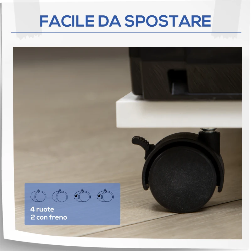 Vinsetto Mobiletto per Stampante in Legno con 4 Ruote, Mensola Regolabile e Piano per CPU, Bianco