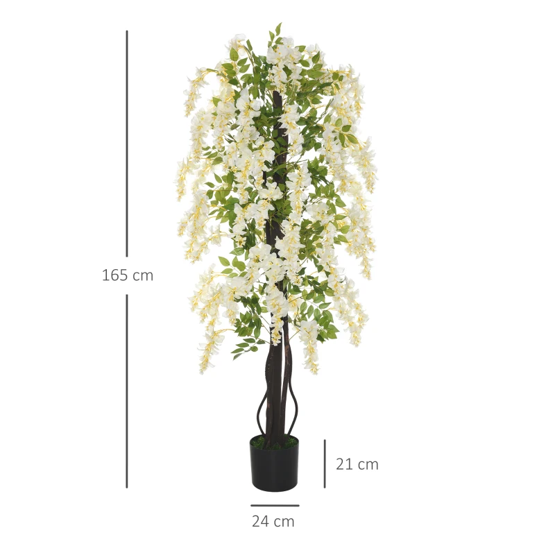 Outsunny Plante artificielle avec glycines blanches Décoration 1,65 m Plantes artificielles en pot Arbre de décoration en plastique et ciment Blanc + Vert 24 x 24 x 165 cm