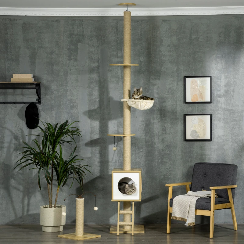 PawHut Boden-zu-Decke-Kratzbaum mit höhenverstellbarer 225-285 cm und Kratzsäule 4 Ebenen Höhle Hängematte Leiter Spielzeug Beige