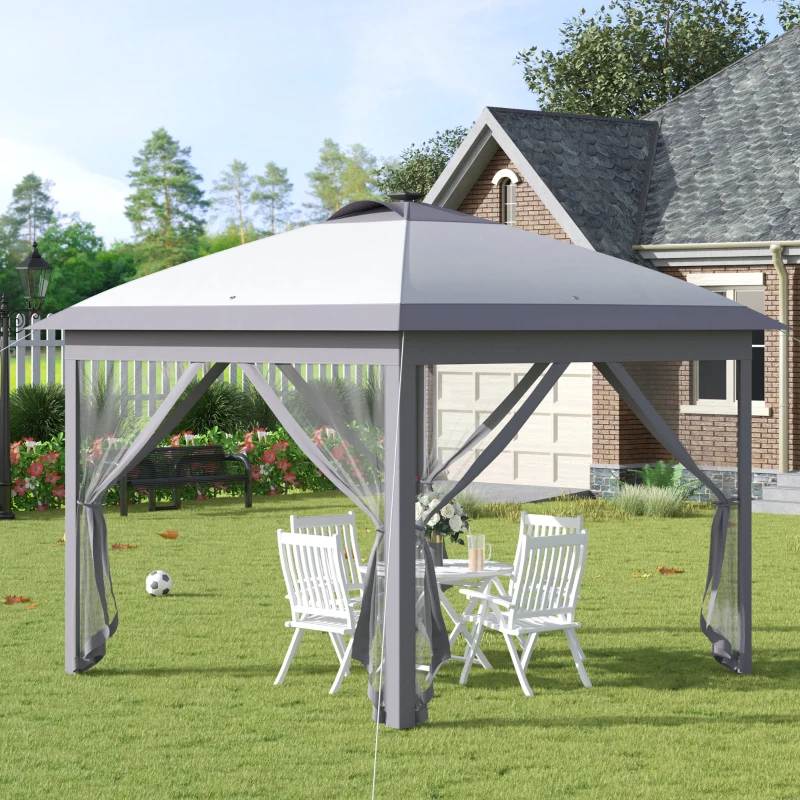 Outsunny Pavillon pliant 3,3 x 3,3 m avec éclairage LED, rideaux en mesh, sac de transport, Gris