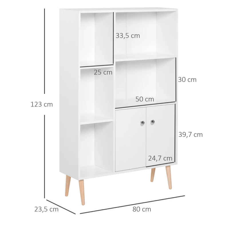 HOMCOM Skandinavisches Bücherregal mit Abmessungen 80L x 23,5B x 123H cm, 5 Nischen, Schrank, 2 Türen, schräge massive Holzfüße, Spanplatten in Weiß