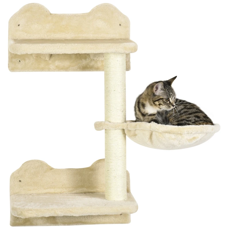 PawHut Marches d'escalade pour chats, mur d'escalade, escalier pour chats, ensemble 4 pièces, avec arbre à gratter, hamac, beige + blanc crème, 40 x 28 x 73cm