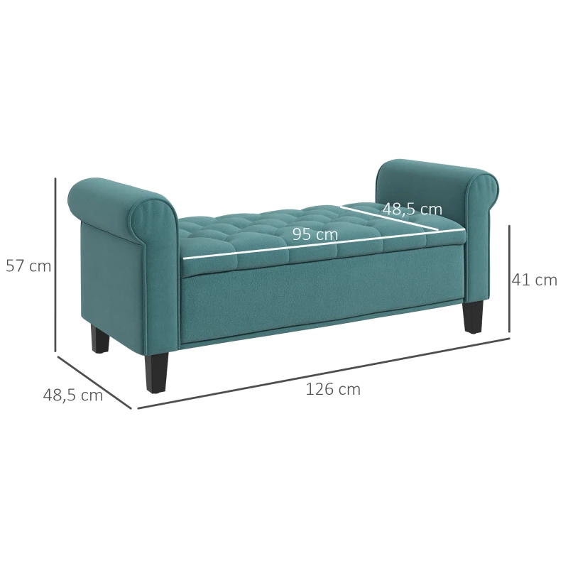 HOMCOM Banc de rangement bout de lit avec accoudoirs, tissu velours rembourré et capitonné, 126 x 48,5 x 57 cm, vert