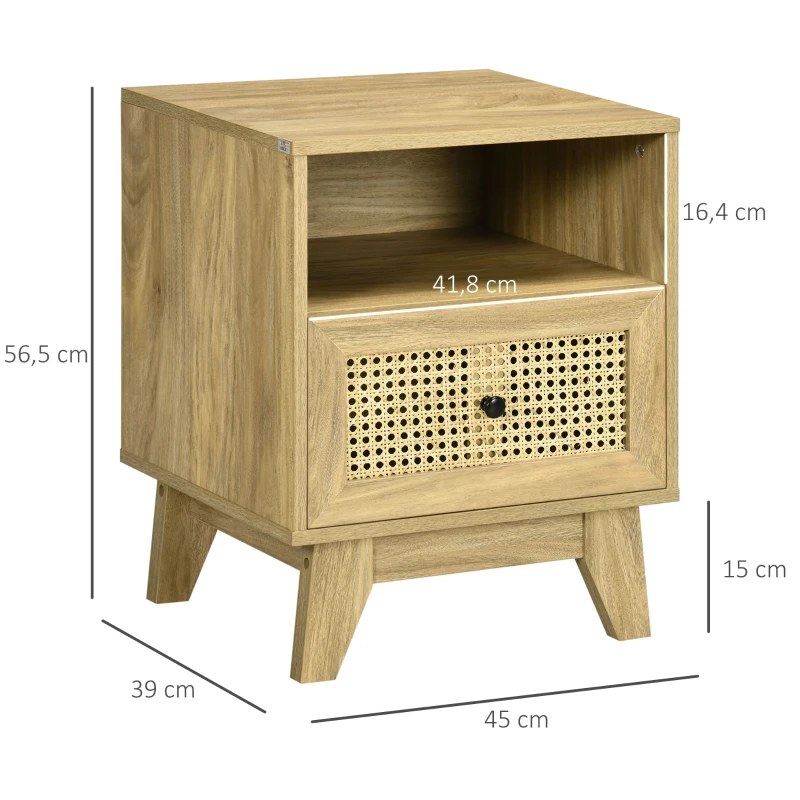 HOMCOM Nachttisch Nachtschränkchen mit Schublade Rattanfront und Fach Vintage 45 x 39 x 56,5 cm
