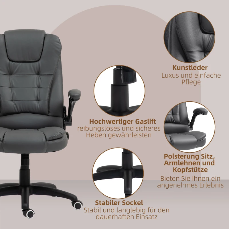 HOMCOM Fauteuil de Bureau Ergonomique, Accoudoirs Rabattables, Fonction d'Inclinaison, Gris foncé