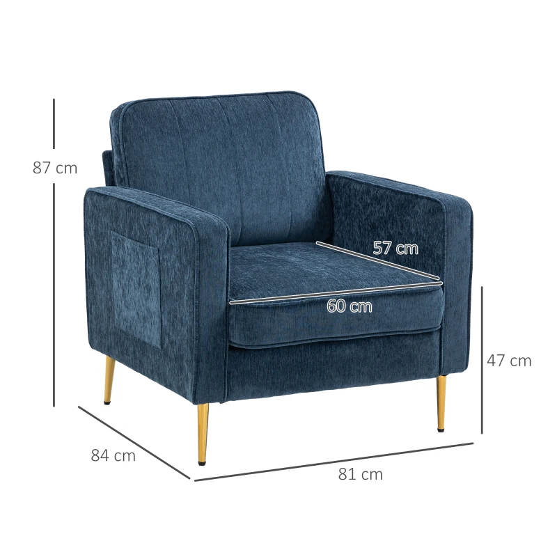 HOMCOM Stoffsessel mit goldenen Stahlbeinen, hoher Komfort, seitliche Taschen, für Wohnzimmer, Büro, Schlafzimmer, Blau