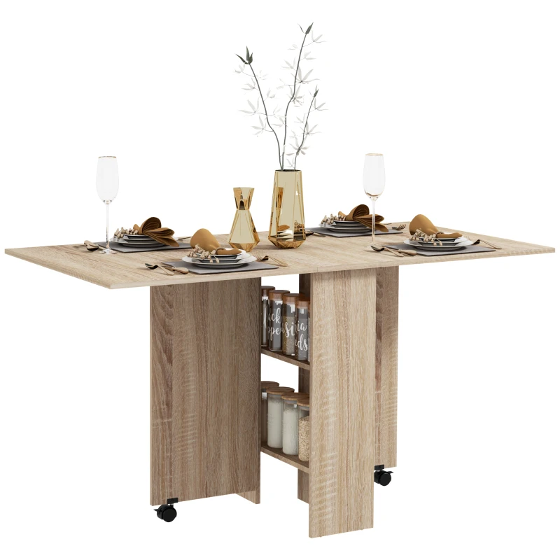 HOMCOM Klapptisch mit Rollen, 2 klappbare Tablettablagen und 2 integrierten Regalen 140 x 80 x 74 cm Natur