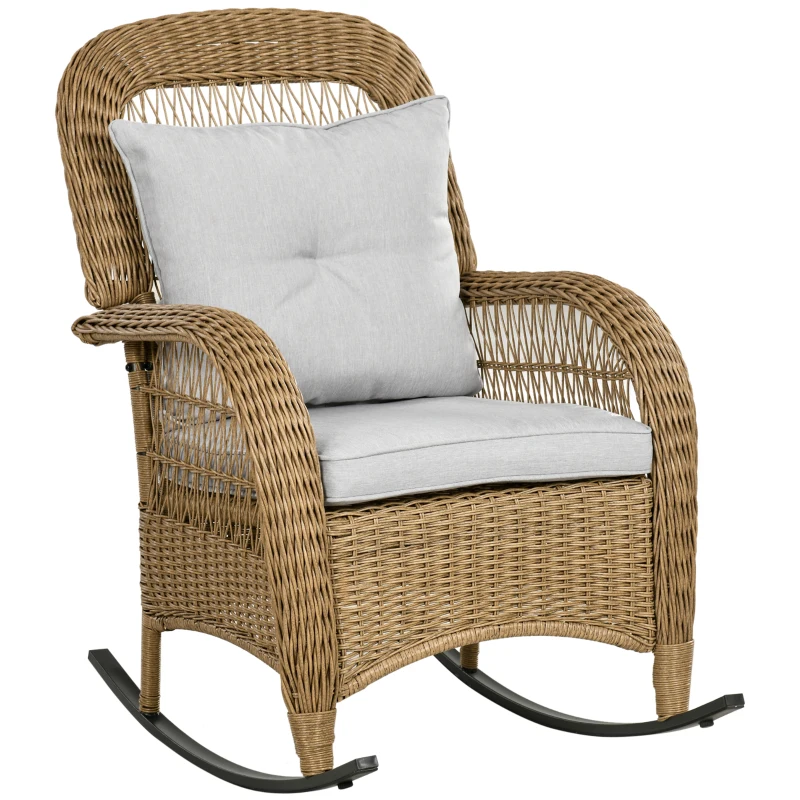 Chaise à Bascule Outsunny au Style Boho, Rotin PE, Chaise à Bascule en Rotin, Housses de Coussin Lavables, Nature + Gris clair
