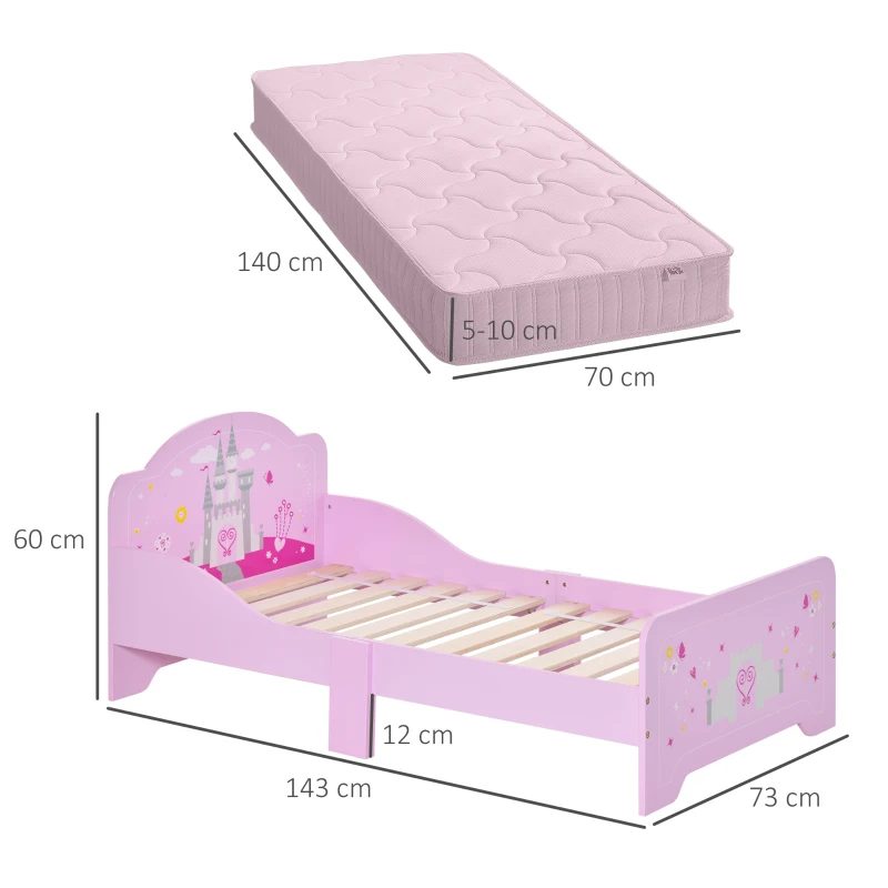 HOMCOM Kinderbett - Kinderbett Design Prinzessin Motiv Schloss - Lattenrost inklusive - MDF Sperrholz Rosa