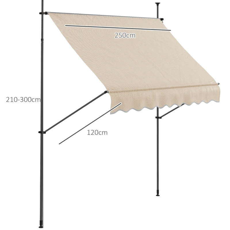 Outsunny Freistehende manuelle einziehbare Markise 2,5L x 1,2B x 2,1-3H m einstellbare Neigung Metall Alu Polyester Sand