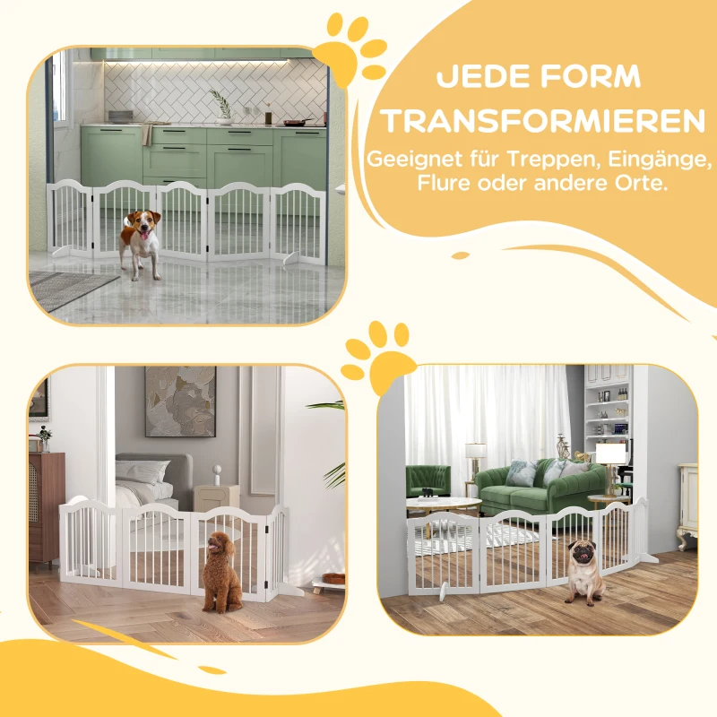 PawHut Barrière de Sécurité pour Chiens, 5 Panneaux, pliable, flexible, bois massif/MDF, 254,5x29,5x61 cm, Blanc