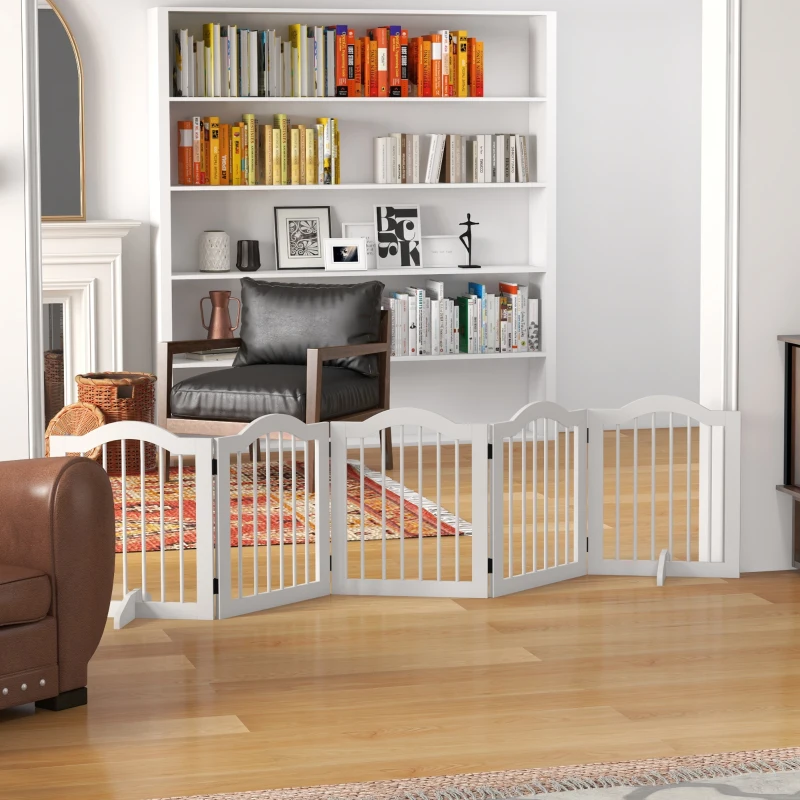 PawHut Barrière de Sécurité pour Chiens, 5 Panneaux, pliable, flexible, bois massif/MDF, 254,5x29,5x61 cm, Blanc