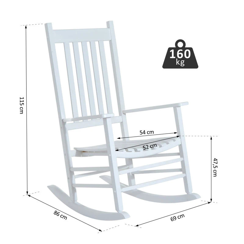 Outsunny Fauteuil à Bascule en Bois avec Accoudoir Fauteuil Relax de Jardin Blanc 69 x 86 x 115 cm