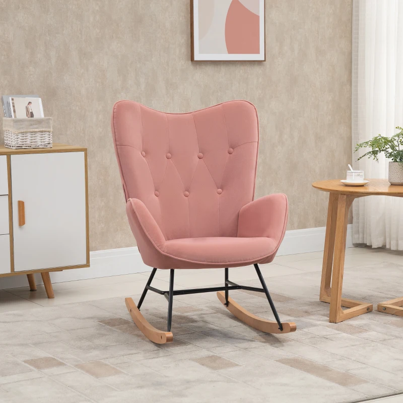 HOMCOM Chaise à Bascule avec Matelassage, Patins en Bois, Aspect Velours, Charge jusqu'à 150 kg, Rose