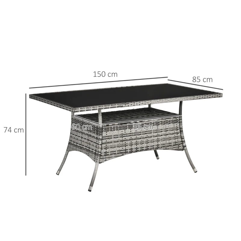 Outsunny Table de Jardin Table à Manger Mobilier de Jardin, Polyrotin+Verre de Sécurité, Gris+Noir, 150x85x74cm