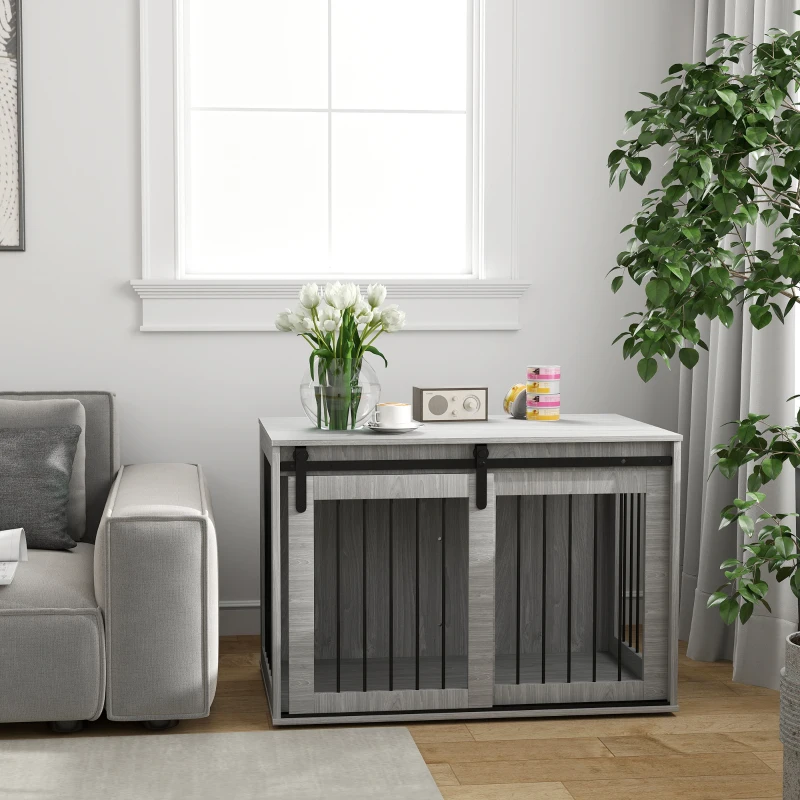 PawHut Cage pour Chien avec Porte Coulissante, Ventilation, Panneaux de Particules et Acier, 98 x 58 x 61 cm, Gris