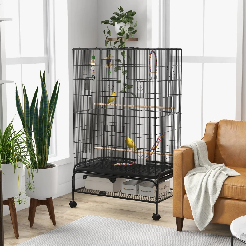 PawHut Cage à oiseaux avec perchoirs, jouets pour oiseaux, bac amovible, Noir