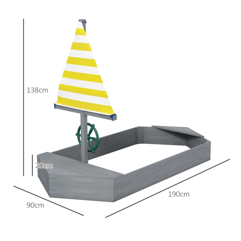 Outsunny Kindersandkasten im Freien mit Segelboot-Design mit Sitzen, Steuerrad und Fahne, Sandkapazität 330 kg Dunkelgrau