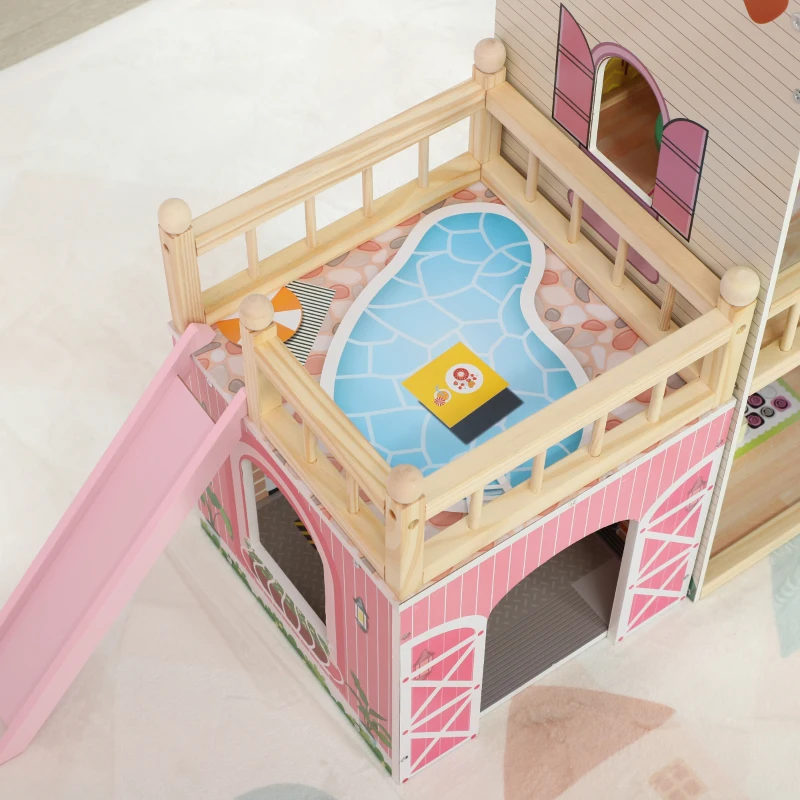 AIYAPLAY Maison de Poupée, 3 Étages, 13 Meubles, Garage, Toboggans & Balcon, 114 x 32 x 92 cm, Rose(m-4)