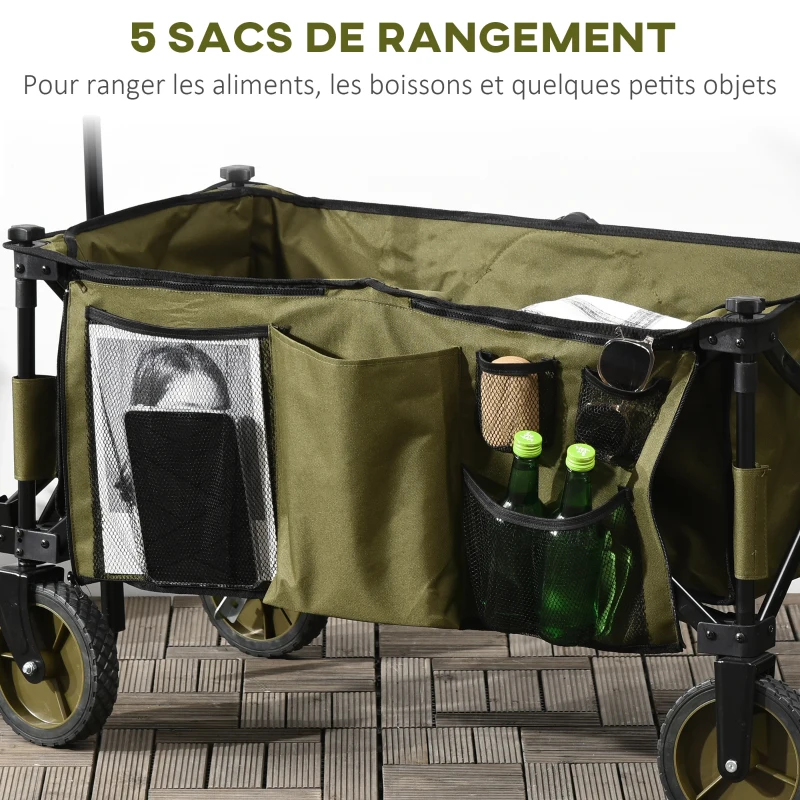 Outsunny Składany Wózek, 5 Kieszeni Bocznych, Regulowany Uchwyt, Udźwig do 120 kg, Stal, 108 x 55 x 93 cm, Zielony