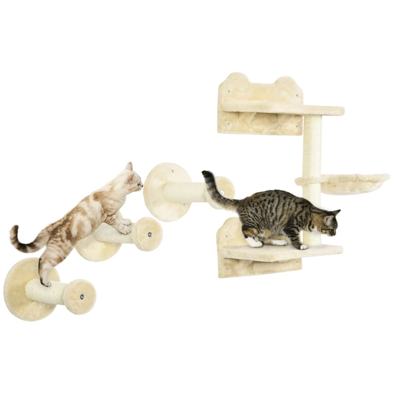 PawHut Marches d'escalade pour chats, mur d'escalade, escalier pour chats, ensemble 4 pièces, avec arbre à gratter, hamac, beige + blanc crème, 40 x 28 x 73cm