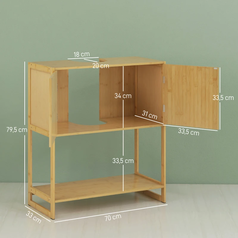 HOMCOM Badezimmer Unterschrank aus Bambus und MDF Waschtischmöbel 2 Türen und 1 Regal - 70B x 33T x 79,5H cm