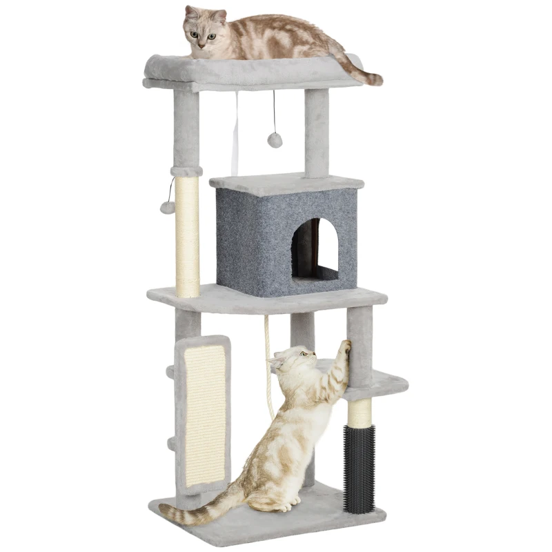 PawHut Arbre à chat de 132 cm avec poteaux à griffer, lit, maison, plateformes de saut, brosse de soins, gris clair