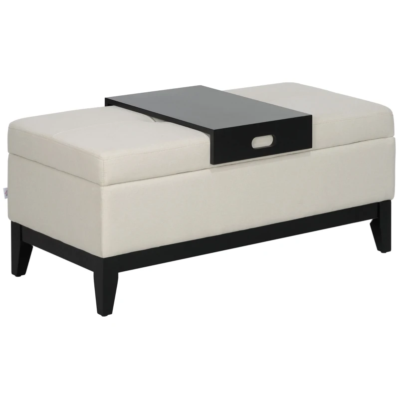 HOMCOM Pouf avec Espace de Rangement, Plateau, Cadre en Bois d'eucalyptus, jusqu'à 120 kg, 107 x 50 x 44 cm, Crème/Noir