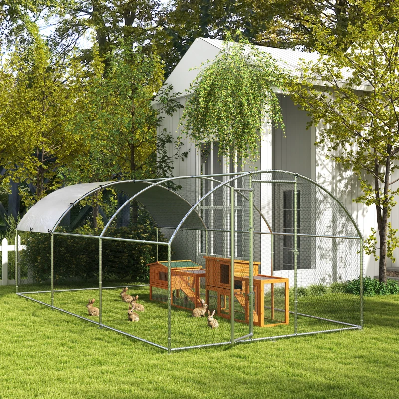 PawHut Clapier avec enclos extérieur, bac de sol amovible, résistant aux intempéries, 141 cm x 60 cm x 86 cm, Marron