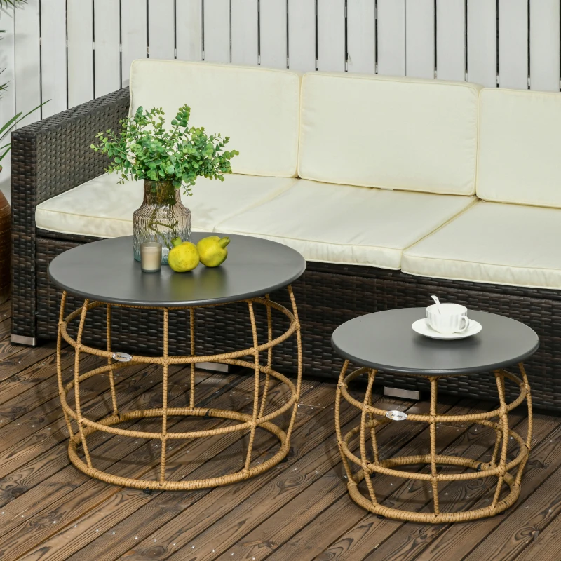 Outsunny Ensemble de 2 tables de jardin style bohème, résistant aux intempéries, empilables, 60 cm x 60 cm x 47 cm, Naturel + gris foncé