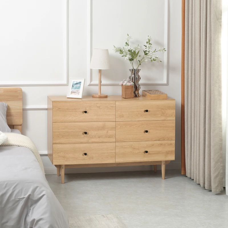 HOMCOM Kommode 6 Schubladen Aufbewahrungsschrank Massivholzbeine 120 x 40 x 80 cm Holzfarbe