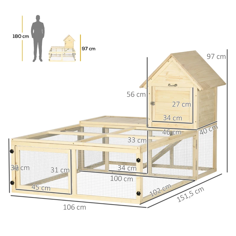 PawHut Kaninchenstall Villa aus Holz mit Laufstrecke, Rampe und verschließbaren Türen